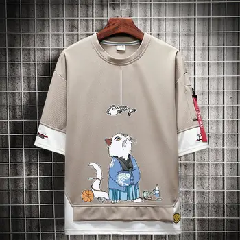 היפ הופ Kahaki חולצת שרוול קצר Kawaii Harajuku חתול חולצות אופנה טי אופנת רחוב יפן רחוב חולצת גברים 2021 מקסימום