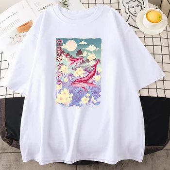 היפנים ציור לוויתן הדפסה גברים חולצת טריקו פנאי קצר, חולצות שרוול צוואר עגול חולצת לנשימה מנופחים כותנה חולצות