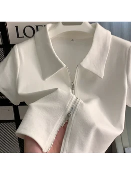 הקיץ 2023 נשים פולו-צוואר חולצה לבנה קוריאנית Y2k חולצה בגדים-90 בציר רוכסן אפור יבול חולצות שרוול קצר התינוק העליון