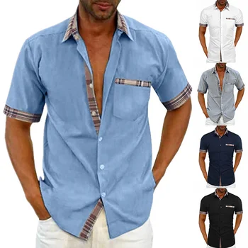 הקיץ חדש אופנה, Mens חולצה עם כיסים פסים הדפס שרוול קצר חולצה Turn-למטה צווארון כפתור מזדמנים צמרות בגדי גברים