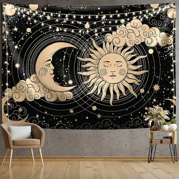 השמש והירח שטיח אסתטי פסיכדלי השמש והירח שחור שטיח קיר עבור עיצוב חדר בוהו קישוט עיצוב הבית