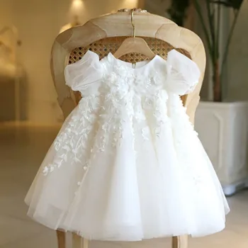 התינוק פרחים יום הולדת נסיכה להתלבש אלגנטי בחורה רקמה, פרח לבן הטבילה חצאית שמלת ילדים שמלת הערב מסיבת תחפושות