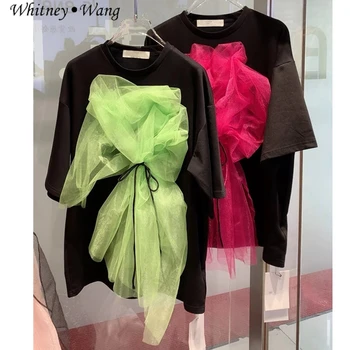 וויטני וואנג מעצב סגנון 2023 קיץ אופנה אופנת רחוב 3D Mesh פרחוני טי-שירט נשים טי הגברת חולצת טי מקסימום
