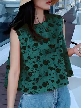 וונדה פרחוני מודפס חולצות נשים קיץ סקסי ללא שרוולים טי 2023 מנופחים בציר Blusas מזדמן נקבה טוניקה אופנת רחוב