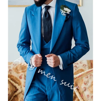 ז ' קט כחול מגדיר את זמן החתונה מלא חליפות לגברים האחרונות עיצוב Slim Fit Custome חתנים טוקסידו 3piece את השמלה אלגנטית Homme בגדים