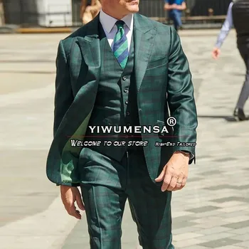 זכר אופנה חליפות Slim Fit ירוק משובץ לבדוק יחיד שולי המעיל מותאם רשמי עסקים בלייזר סטים השושבין טוקסידו
