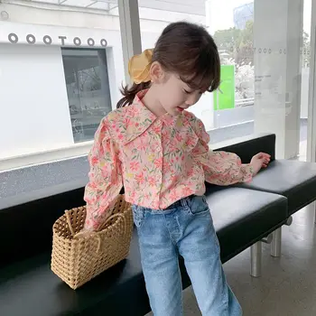 חולצות 2023 אביב Turn-למטה צווארון יחיד בעלות הדפס פרחוני קוריאנית Swet אופנה Designable מזדמן ילדים בנות