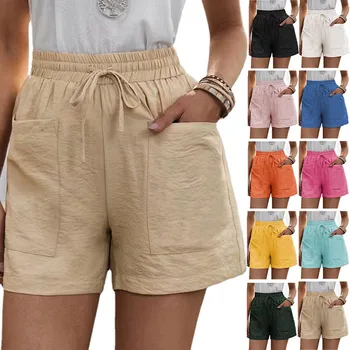 חם אופנה חדשה קיץ מכנסיים קצרים לנשים תחרה אלסטי המותניים, כיס גבוהים מותניים רחב הרגל רופף התחתונה קצרים נשיים
