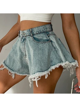 חם מכנסי ג 'ינס לנשים הקיץ 2023 גבוהה וושינגטוןasia. kgm קו רחב מכנסיים קצרים סקסיים פלאש מכנסי ג' ינס קצרים חור התחת נשים הקלאסי של מכנסיים קצרים