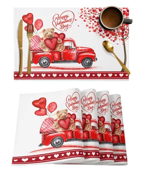 יום האהבה מכונית אדומה אוהב עץ דוב שולחן מחצלות אביזרים למטבח 4/6pcs מפית תחתיות רפידות קערה כוס מחצלת עיצוב הבית