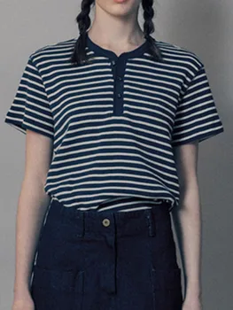 כפתור פסים חולצה קלאסית אישה צוואר V כותנה אורגנית האופנה שרוול קצר שיק העליון טי בציר מזדמן חולצות 2023 הקיץ