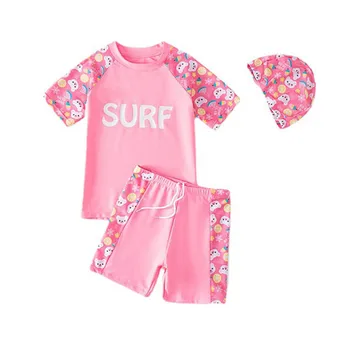לילדים בגדי ים בנות בגדי ים 3Pcs לשחות חליפה( חולצה+ מטען+כובע) שרוול קצר קרם הגנה יבש מהירה ילדה Swmin להגדיר