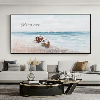 מודרני גדול עיצוב משרד ממוסגרים מופשט הסירה העוגנת בחוף שמן ציור תמונת קיר אמנות בד רול מצוירים ביד