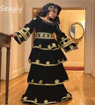 מסורת Karakou Algerien שחור שמלת ערב 2023 בציר שרוול ארוך מרוקאי Abaya נשף שמלות קטיפה בשכבות Ceremone מסיבה