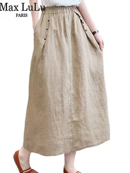מקס לולו 2023 קוריאנית מעצב קיץ אלגנטי בגדי נשים אופנה חופשי קלאסי פשתן חצאיות יוקרה מזדמן בציר אופנת רחוב