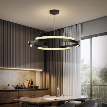 נברשות המודרנית על האוכל שחור טבעת המנורה בסלון לופט תלוי תליון אור פנימי חכם תאורה עיצוב הבית