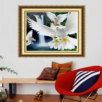 נושא פרחים לבנים יונים עפים באוויר - Diy יהלום ציור ערכות כיכר תרגיל ריינסטון מודבק ציור