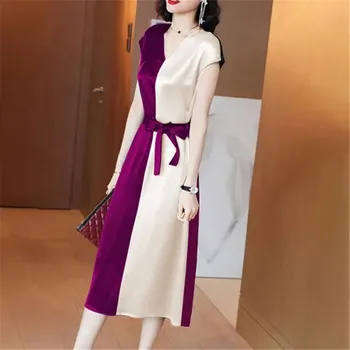 ניגודיות צבע טלאים השמלה נשים מידי קיץ חדש צוואר V מזדמן שמלות ערב קוריאני אופנה חגורת דק אלגנטי נשי Vestido