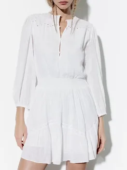 נשים 2023 שמלה-קיץ החדש בסגנון צרפתי קטן שמלה לבנה חלולה רקמה המותניים שמלה