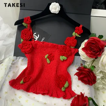 נשים Hotsweet 3D פרחים קישוט שרוולים אדומים טנקים העליון 2023 קיץ החוף סגנון Slim Fit יבול נקבה העליון Suspender האפוד