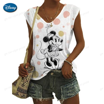 נשים אופנה חולצת דיסני מיקי מאוס, מיני להדפיס חולצת קיץ מזדמן V הקולר האפוד העליונים בנות חופשי ללא שרוולים החולצה
