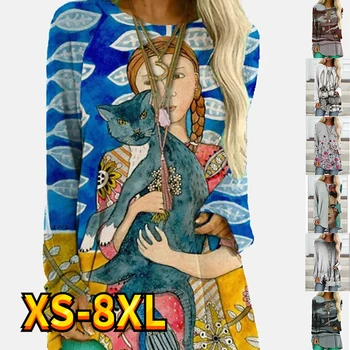 נשים חולצת טריקו ילדה קריקטורה חתול ציור מופשט להדפיס את החולצה יומיומי שרוול ארוך צוואר עגול בסיסי חיוני XS-8XL