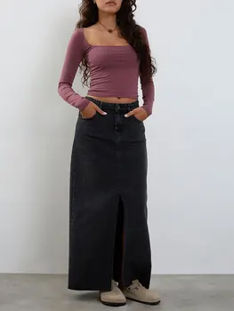 נשים מוצק צבע יבול מקסימום צוואר מרובע שרוול ארוך חולצות בסיסי ליפול Slim Fit חולצות Y2K אופנת רחוב