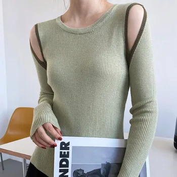 נשים סוודר חולצה שרוול ארוך פנאי רזה סקסית מחוץ כתף סריגים עבור ליפול ללבוש שרוולים ארוכים עם סיבוב necklines
