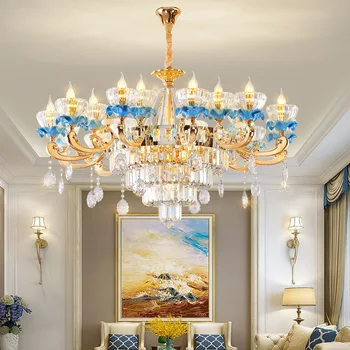 סגנון אירופאי בסלון נברשות כחול קרמיקה קריסטל מנורת וילה דופלקס משפחתי עיצוב תאורה תקרה כפולה מטרה המנורה