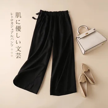 סגנון חדש 100% פשתן מכנסיים נשים מותג מכנסיים לבנות מזדמנים לנשימה אלסטי המותניים רחב הרגל בתוספת גודל M-3XL מכנסיים