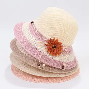 סגנון קוריאני חרוזים חבל פרח עיצוב טלאים צבע כובע השמש נשים גדול ברים קרם הגנה רפוי כובע קש шляпа женская летняя