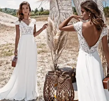 סקסי שיפון שמלת החתונה חוף Vestido de נוביה 2021 תחרה בוהו בוהמי אורך רצפת V-צוואר מברשת רכבת ללא משענת שמלת כלה.