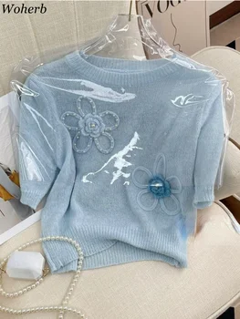 סרוגים אישה Tshirts יוקרתי Mujer 2023 חולצות לנשים O-צוואר שרוול קצר פרחוני 3D חולצות חרוזים קיץ מתוק חולצה חולצות