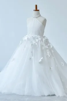 פרח שמלת ילדה לבנה תפוחה טול ארוכה עם מחוך פרחוני אפליקציות שרוולים מתאימים חתונה, יום הולדת שמלות אכילת לחם הקודש