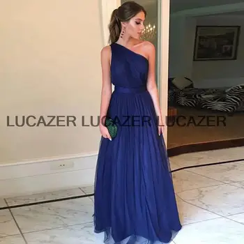 פשוט אחת כתף כחול מלכותי שמלת ערב סקסית חשופת גב טול קו-שמלת מסיבת זמן Vestido de לפסטה 2020