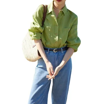 פשתן ירוק חולצה עם שרוולים ארוכים לנשים 2023 הקיץ החדש מלח מחלקת אופנה מזדמן נשים משוחררות מקסימום camisa feminina החולצה