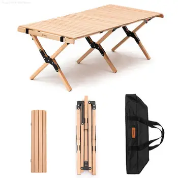 קיפול עץ שולחן נייד חיצוני מקורה לכל מטרה מתקפל שולחן פיקניק עוגה רול שולחן עץ בתוך שקית פיקניק, קמפינג