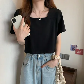 קיץ אופנה קוריאנית Y2K חולצה אישה כיכר קולר סקסי גזורה נשים Losse קוריאני אופנה חולצת טריקו פאטאל בגדים Tshirts