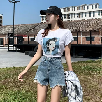קיץ מכנסי ג 'ינס קצרים על נשים קוריאני אופנה גבוהה המותניים רופף קו שעיר הקצה סדיר Y2K קצר סעיף נשים ג' ינס