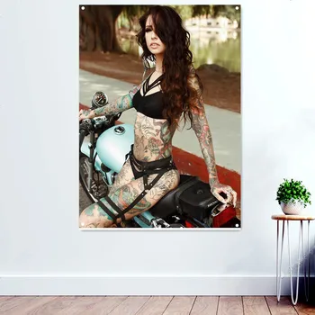 רוכבת אופנוע אמנות קיר שטיח דקורטיבי באנר דגל פוסטר & טביעות פאב מועדון מערת אדם בר המוסך קיר בעיצוב הציור