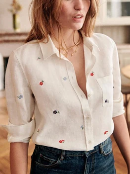 רולינג מראה רקמה פרחונית פשתן כותנה דש החולצה השרוול הארוך קרדיגן כפתור החולצה נשים