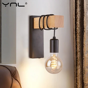 רטרו עץ מנורת קיר וינטאג', מנורות קיר קיר אורות הנורה E27 מקורה עיצוב הבית חדר האוכל המנורה שליד המיטה בחדר השינה תאורה