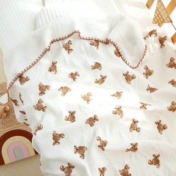 שמיכת תינוק מוסלין לחתל לעטוף 4 שכבות כותנה קריקטורה דוב הדפסה קבלת שמיכה תינוקות היילוד שק שינה שמיכה כיסוי מיטה