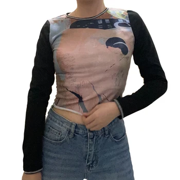 שנות ה-90 בציר הדפסה נשים חולצה שרוול ארוך צוואר צוות רזה גזורה 2021 אופנה האביב הסתיו מזדמן קט טי אופנת רחוב